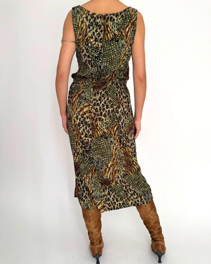 90s vintage green animal print fairy grunge sleeveless midi maxi shift dress – medium large | fairycore boho earthy patchwork long sundress