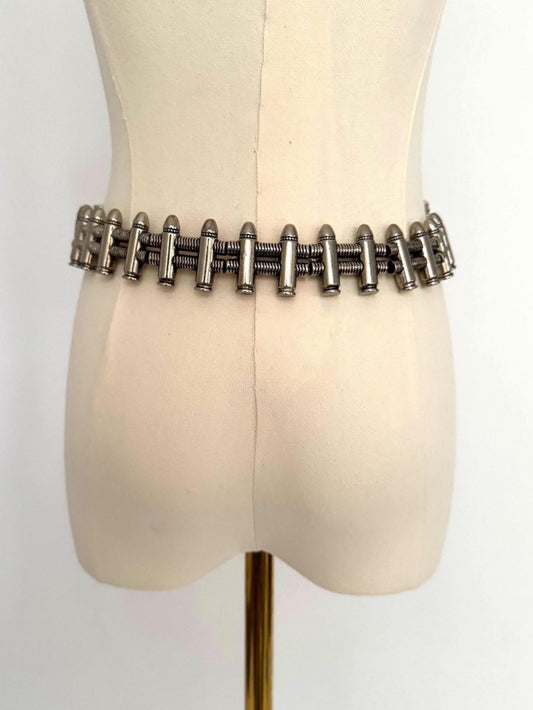 90s vintage bullet silver buckle black leather wide belt