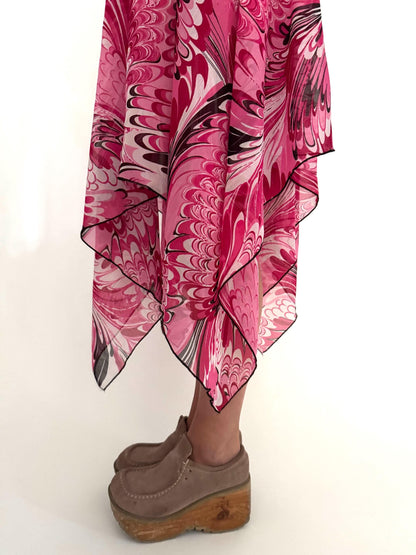 y2k vintage pink asymmetrical sheer flowy midi skirt – small medium | abstract fairy grunge coquette skirt