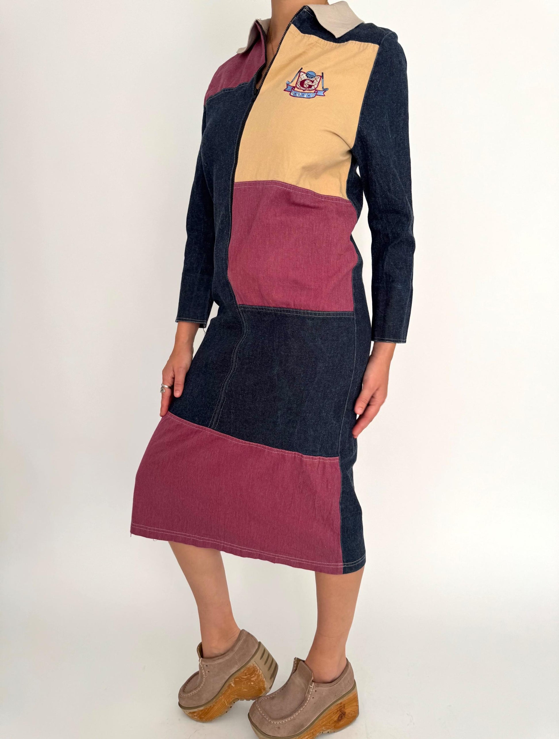 90s vintage multicolor denim patchwork midi dress 