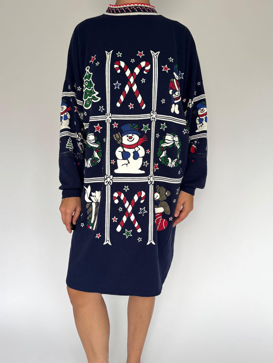 90s vintage navy blue holiday christmas graphic long sleeved pajama dress – large