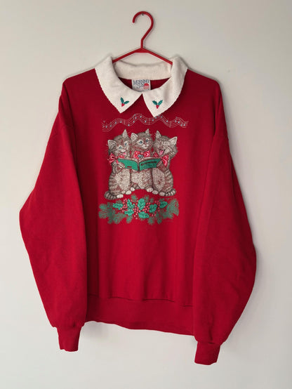 90s vintage red kittens cat Christmas carols graphic pullover sweatshirt – large 1X XL