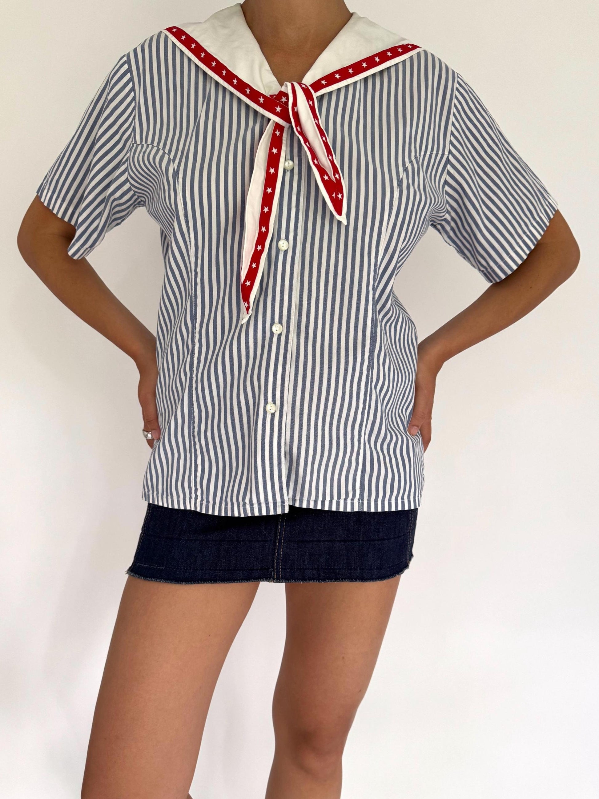 90s vintage striped nautical sailor collar button up blouse – small | novelty tie up front cotton shirt