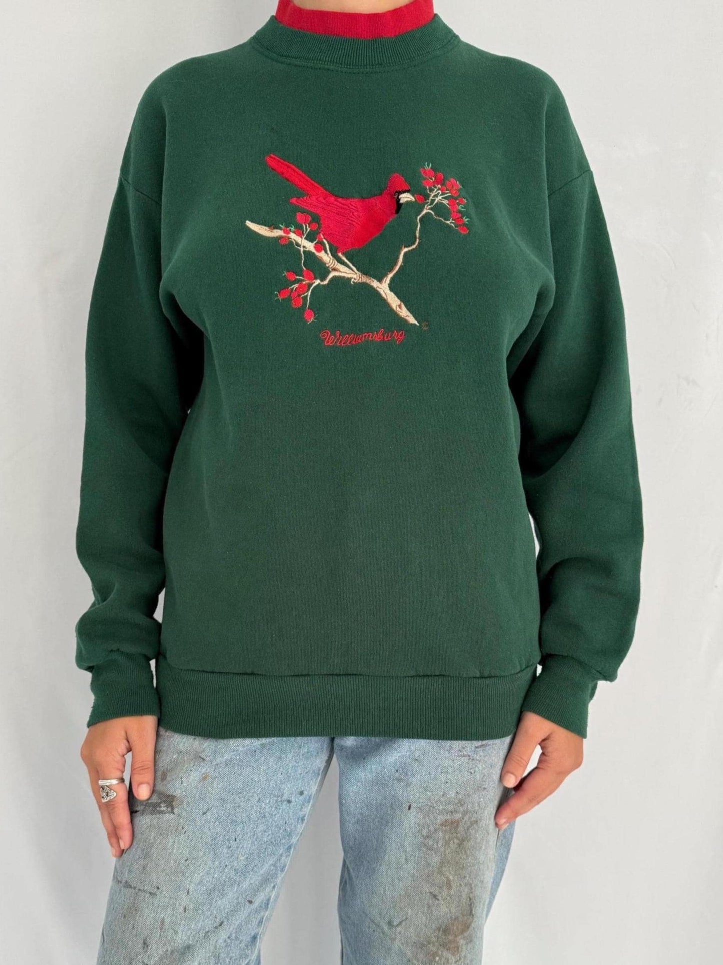 90s vintage green red holiday cardinal bird graphic pullover sweatshirt – medium