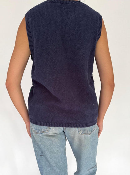 90s vintage navy blue skiing bears ugly christmas knit sweater vest – medium