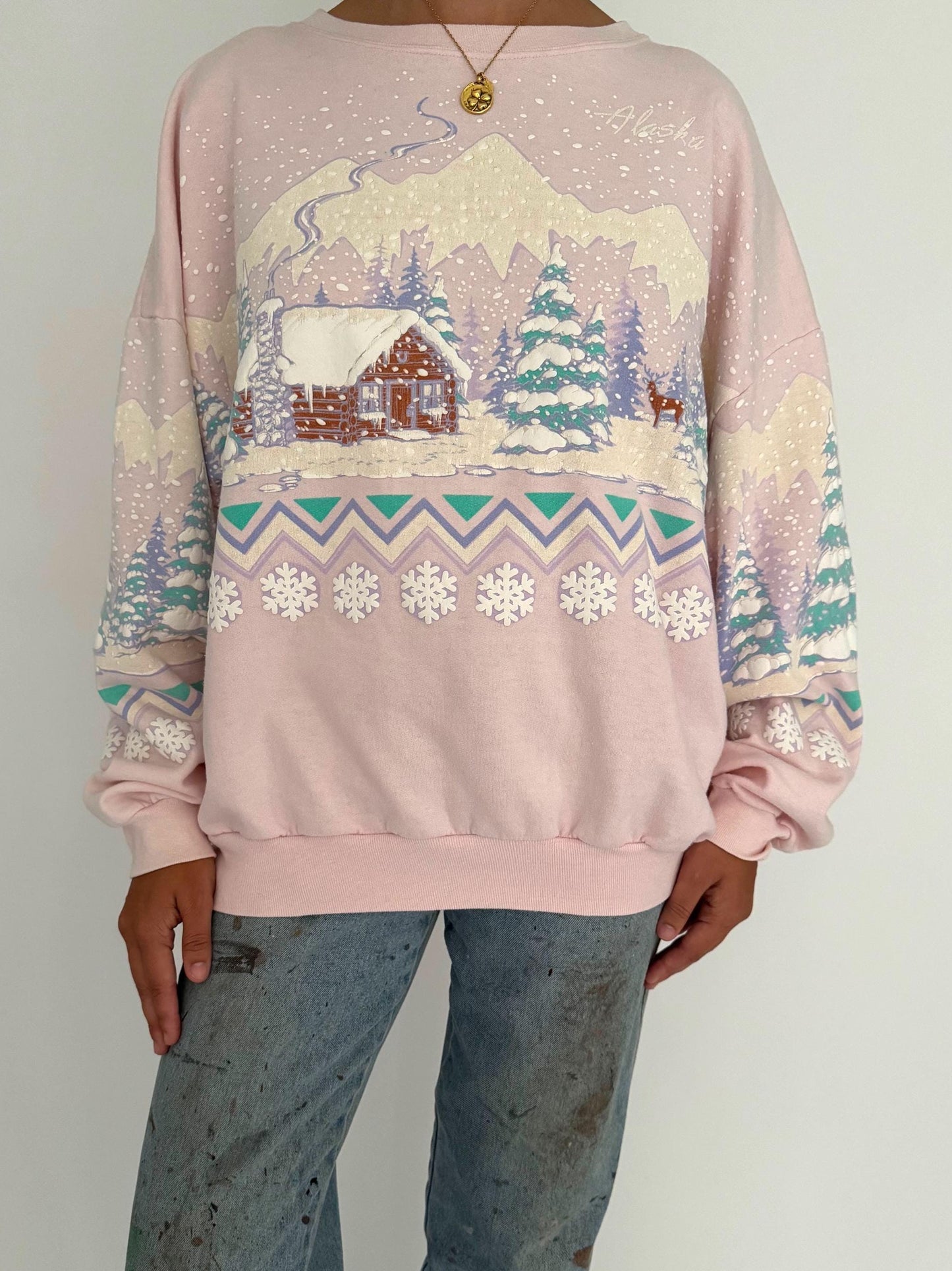 80s vintage pink winter snow holiday graphic pullover sweatshirt – medium, large