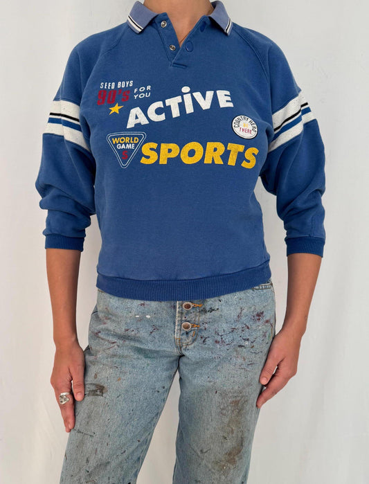 90s vintage blue striped active sports cropped polo shirt