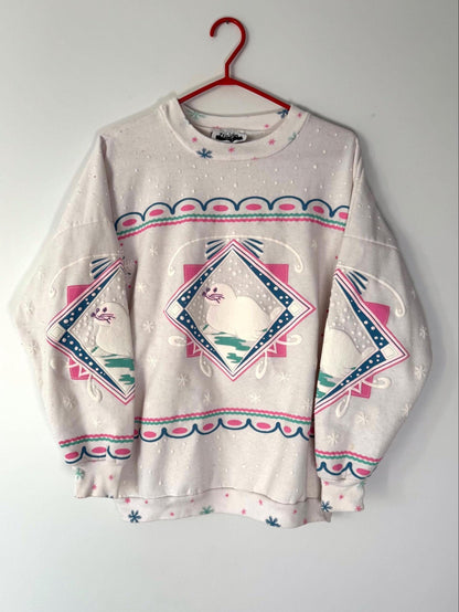 90s vintage seal animal print snowy winter graphic pullover sweatshirt – small, medium
