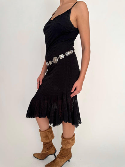 90s vintage black eyelet ruffled asymmetric midi dress – small | BHATTI Paris whimsigoth frilly dress