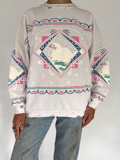 90s vintage seal animal print snowy winter graphic pullover sweatshirt – small, medium