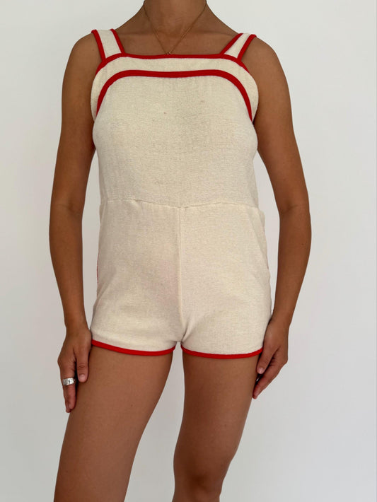 70s vintage cream ringer terry cloth mini playsuit – small | retro vacation cover up one piece shorts romper