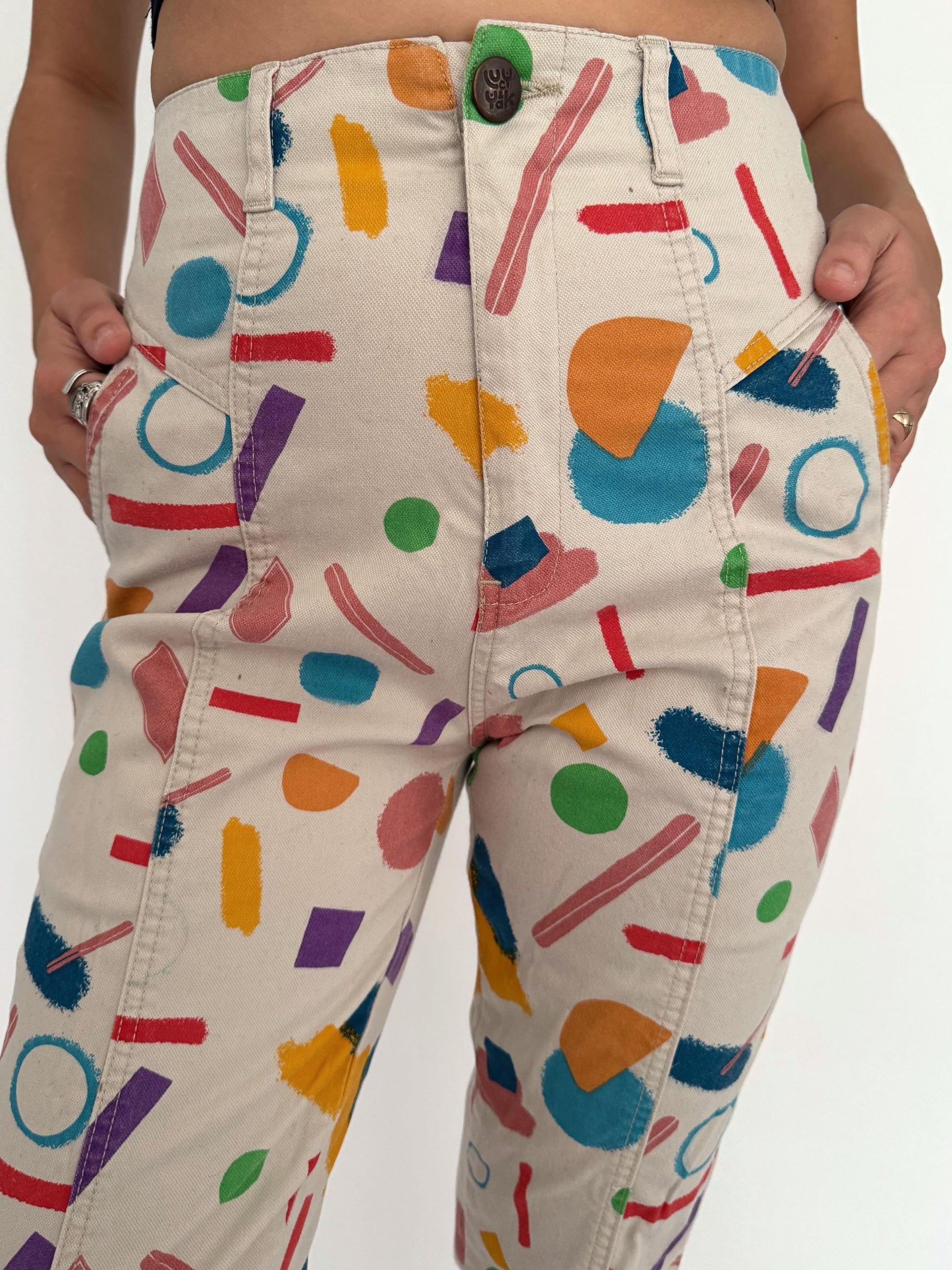 vintage multicolor geometric abstract print slim pants