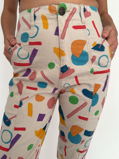 vintage multicolor geometric abstract print slim pants