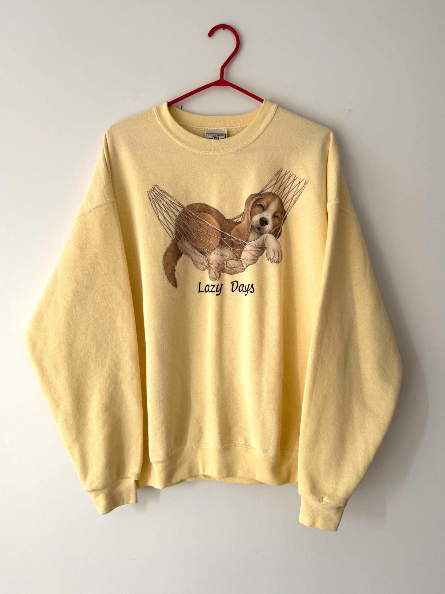 90s vintage yellow Lazy Days puppy animal graphic pullover sweatshirt | cotton crewneck sweater