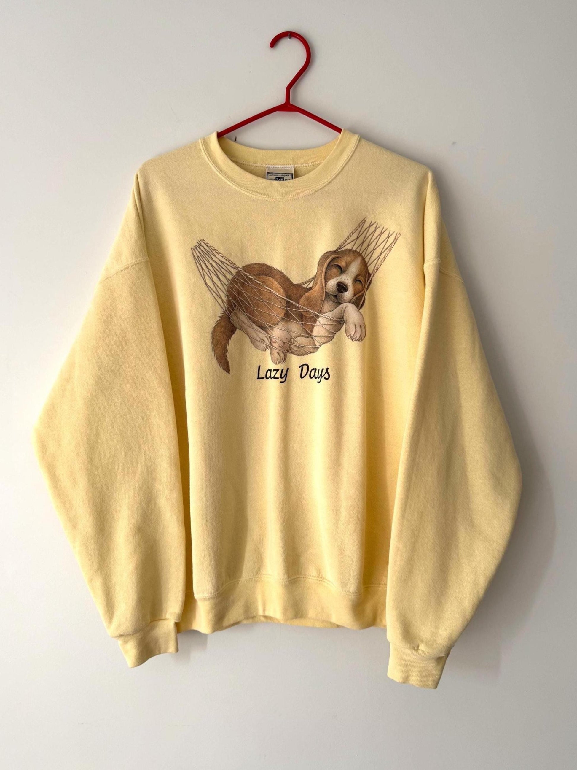 90s vintage yellow Lazy Days puppy animal graphic pullover sweatshirt | cotton crewneck sweater