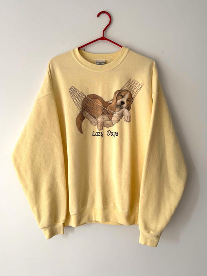 90s vintage yellow Lazy Days puppy animal graphic pullover sweatshirt | cotton crewneck sweater