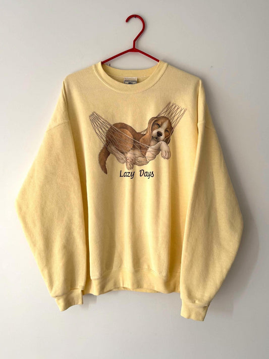 90s vintage yellow Lazy Days puppy animal graphic pullover sweatshirt | cotton crewneck sweater