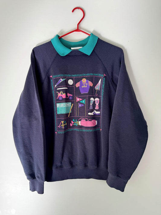 90s vintage blue golf graphic collared pullover sweatshirt | made in USA cotton sweater