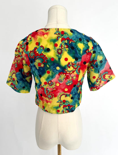 80s vintage colorful handmade floral print crop top blouse