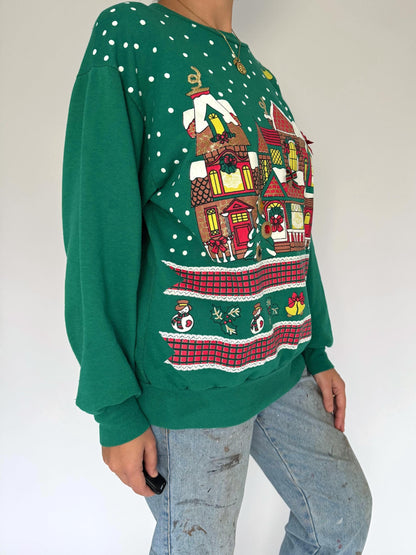 80s vintage green winter outdoor christmas graphic pullover sweater – medium large