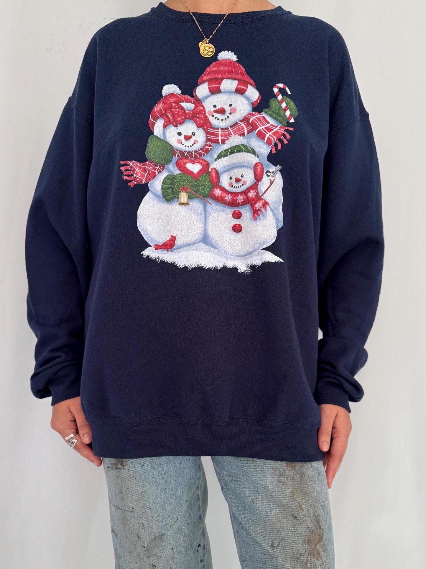 90s vintage blue holiday snowman winter graphic pullover sweatshirt – large