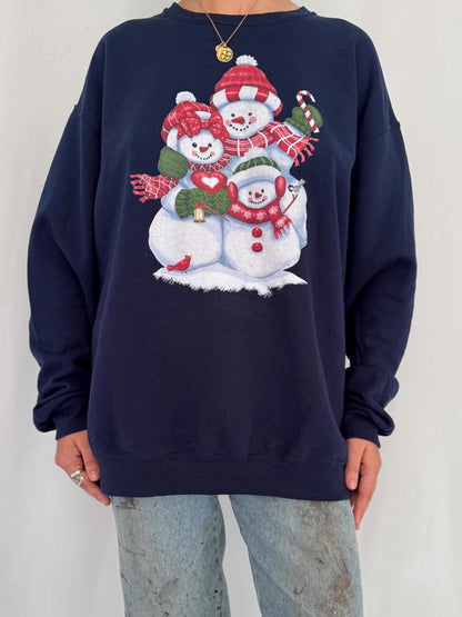 90s vintage blue holiday snowman winter graphic pullover sweatshirt – large