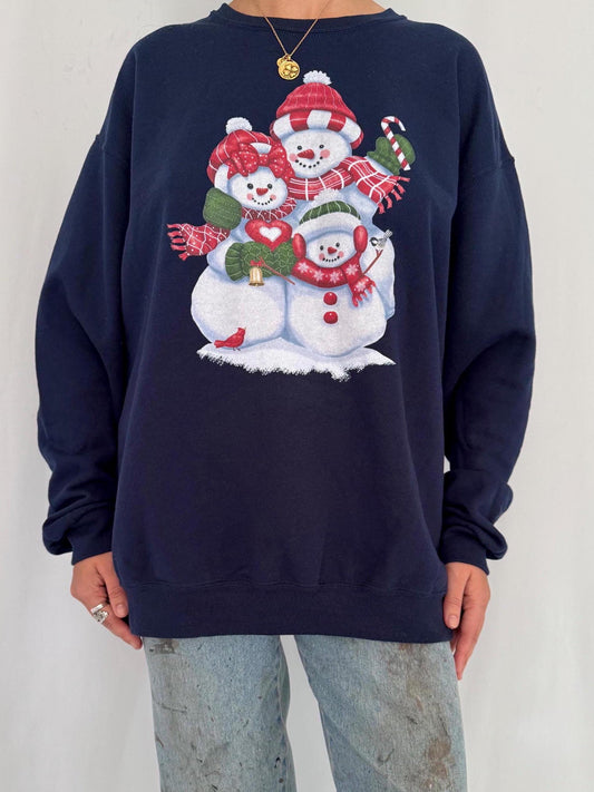 90s vintage blue holiday snowman winter graphic pullover sweatshirt – large