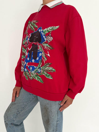 90s vintage red christmas tree dog puppy graphic pullover sweatshirt – medium
