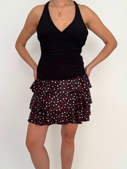 90s vintage black polka dot print short halter party dress – small | ruffled mini skirt cocktail dress