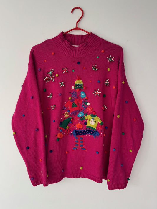90s vintage pink embroidered ugly christmas long sleeved knit sweater – medium