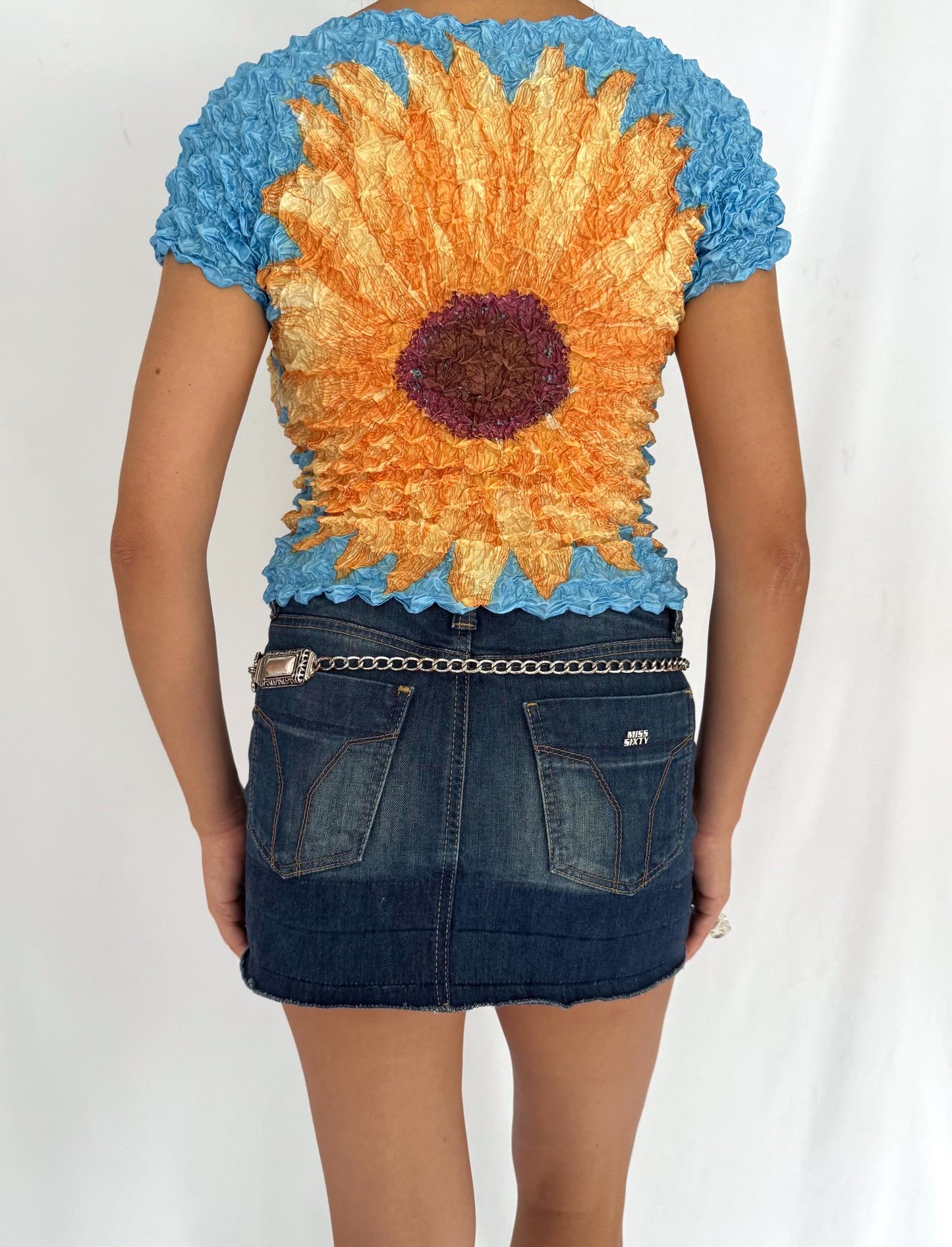 90s vintage blue multicolor sunflower floral graphic popcorn crop top
