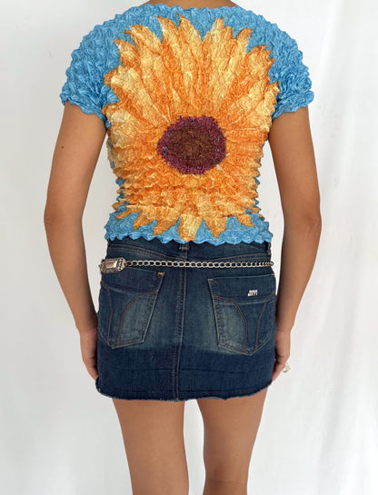 90s vintage blue multicolor sunflower floral graphic popcorn crop top