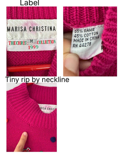 90s vintage pink embroidered ugly christmas long sleeved knit sweater – medium