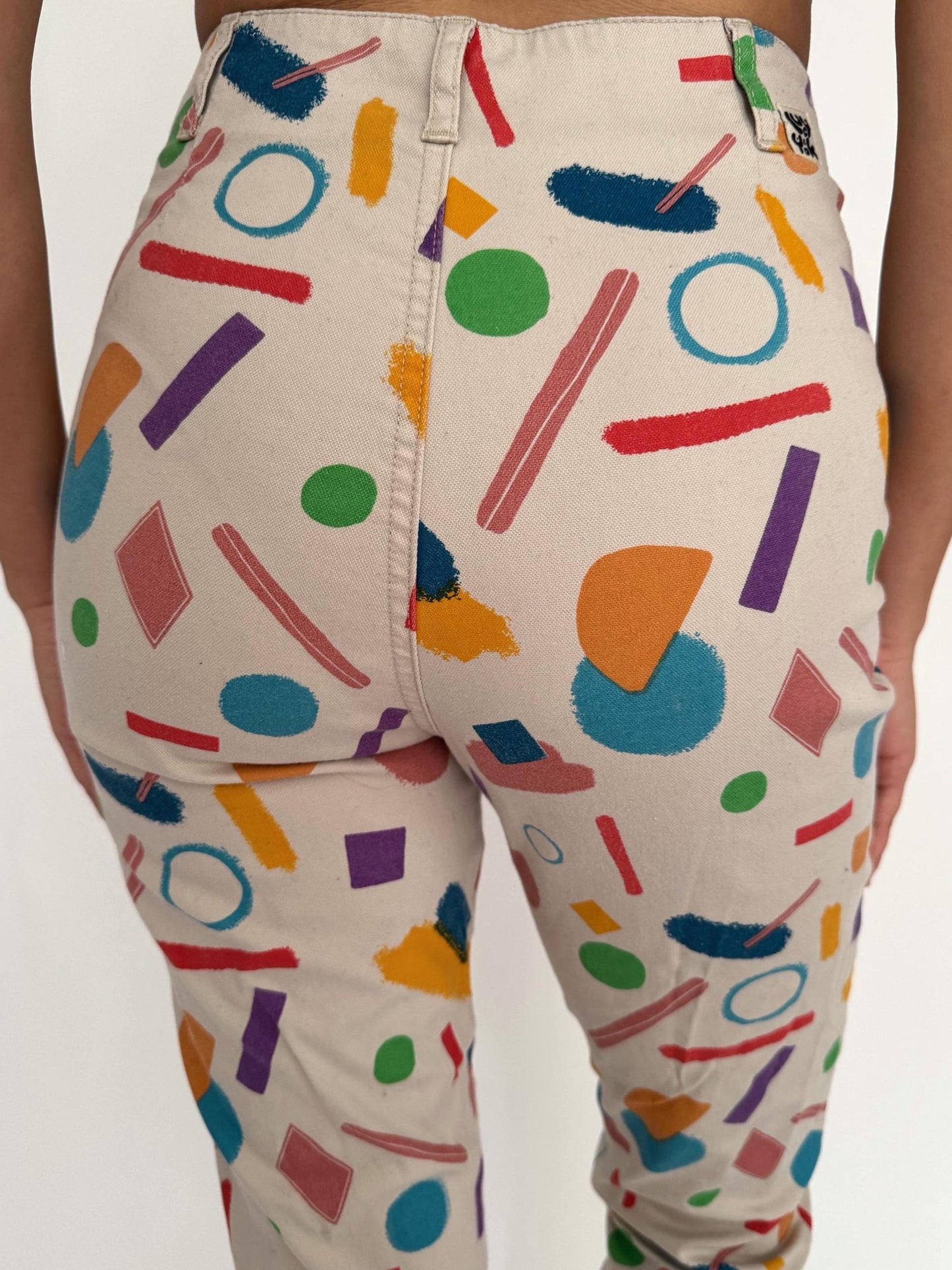 vintage multicolor geometric abstract print slim pants