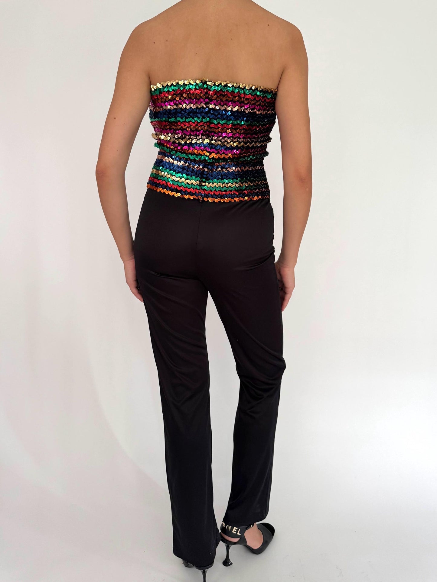 70s vintage black rainbow sequin disco strapless jumpsuit