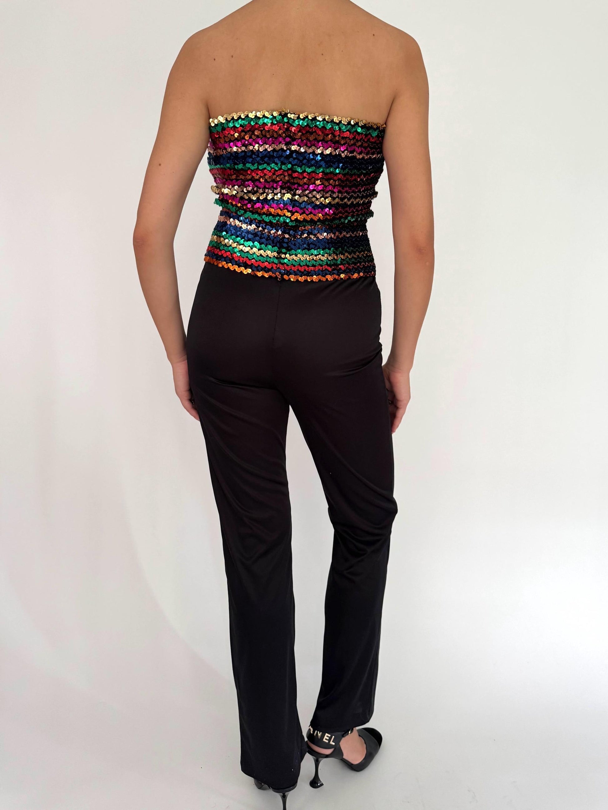 70s vintage black rainbow sequin disco strapless jumpsuit