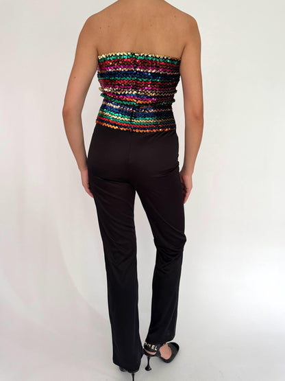 70s vintage black rainbow sequin disco strapless jumpsuit