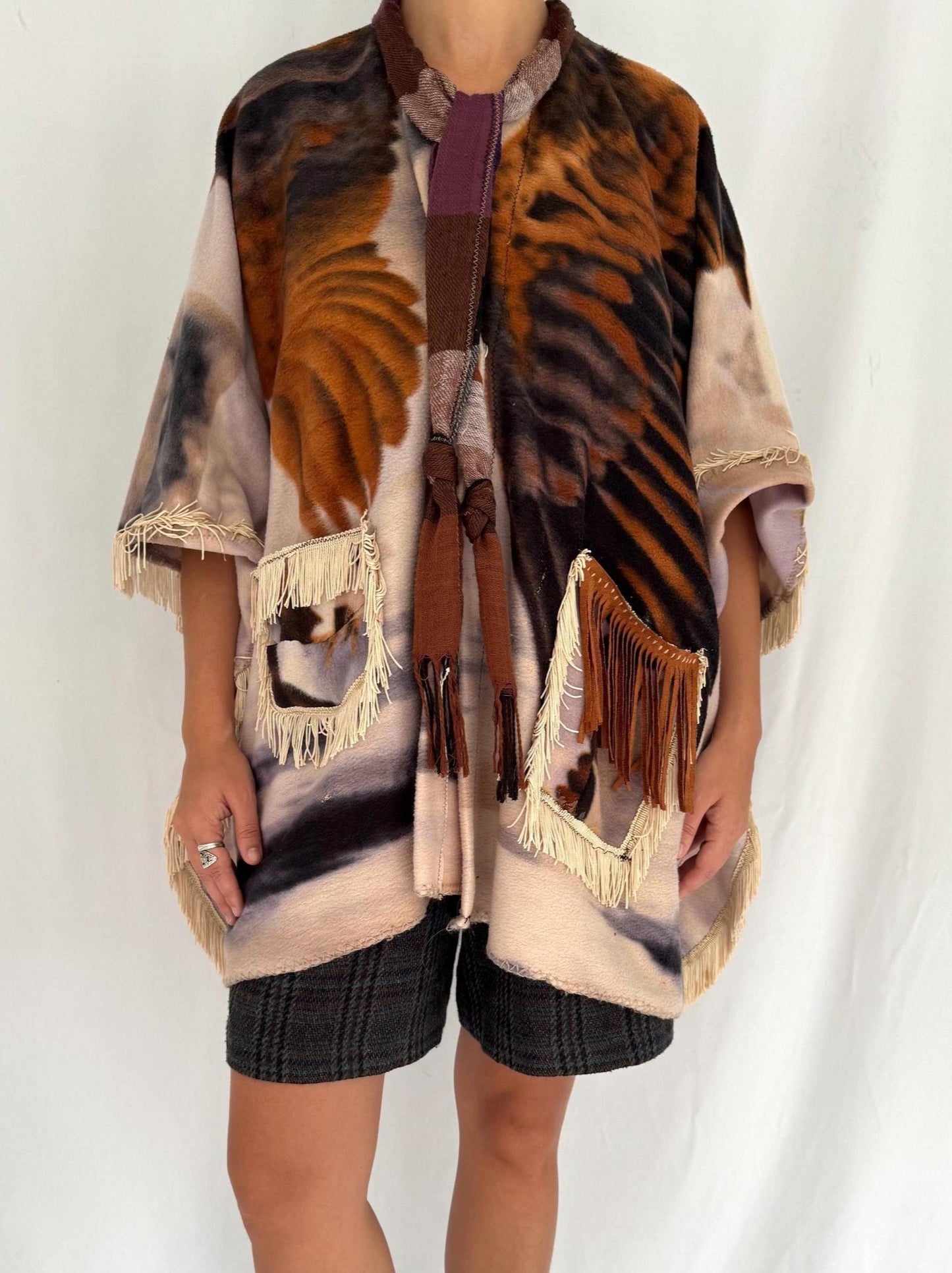 vintage one size homemade eagle print fringed fleece poncho cape