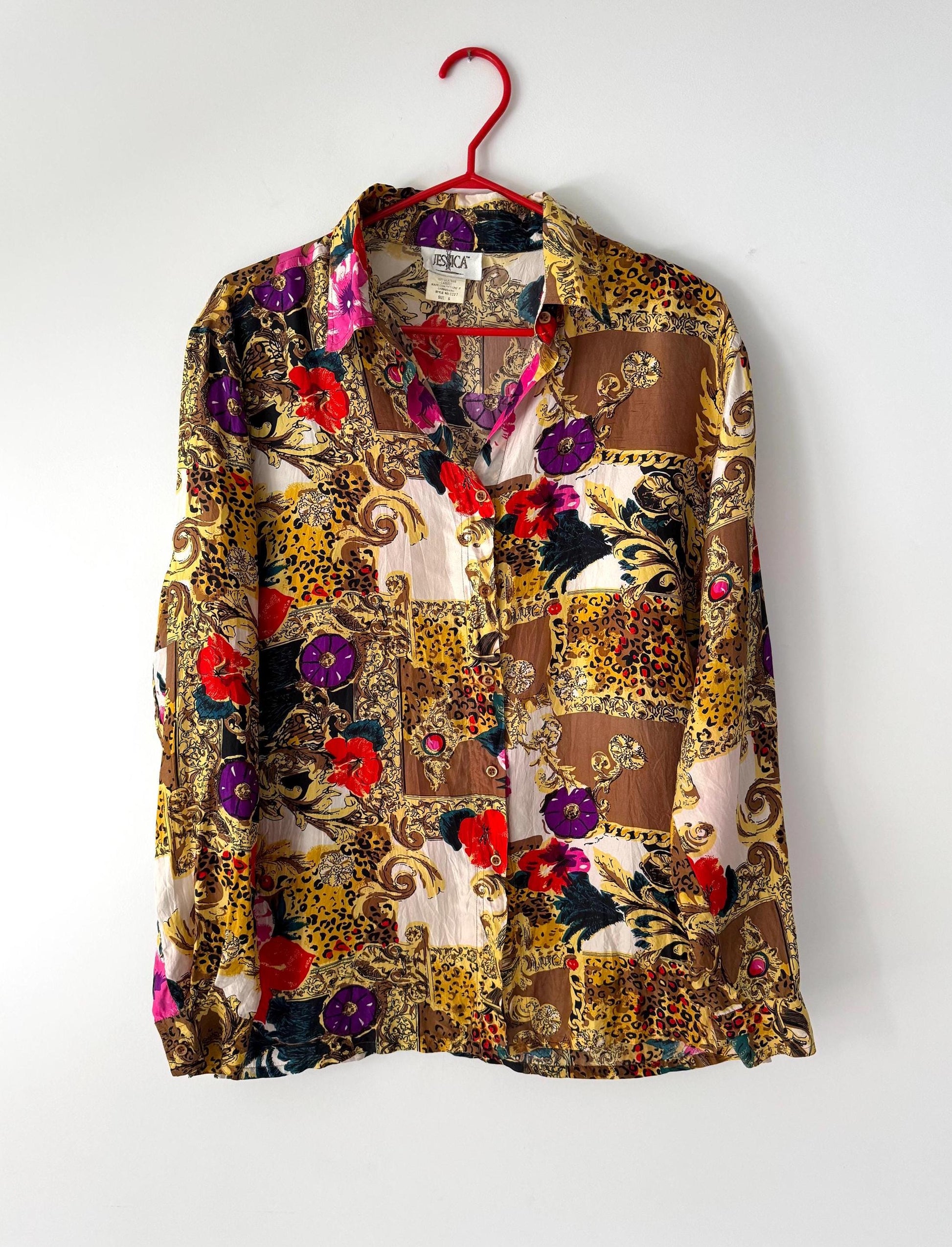 80s vintage multicolor baroque abstract print pure silk button up blouse