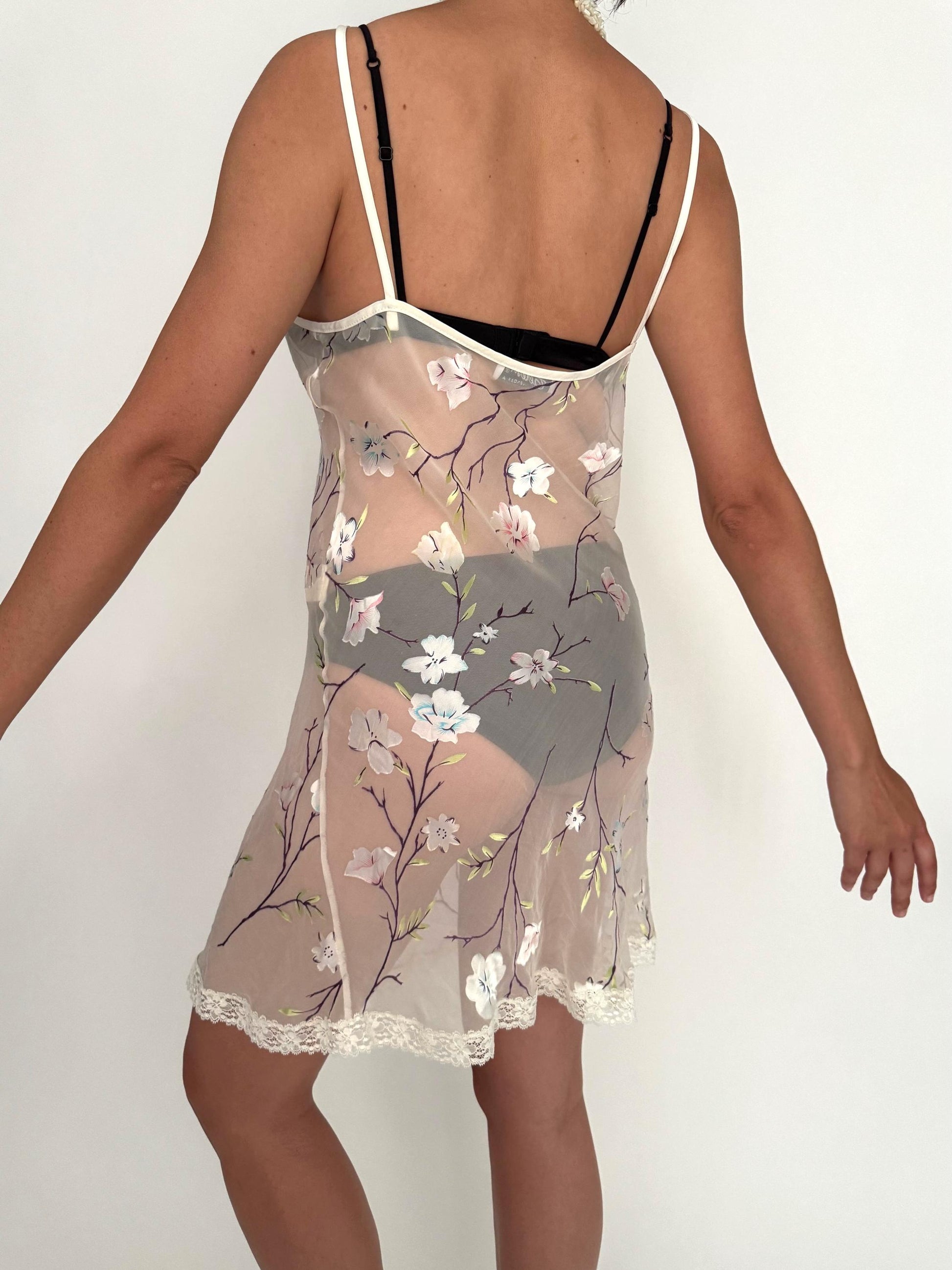 vintage cream floral embroidered lace trim sheer slip dress - medium | made in Spain chemise nightgown