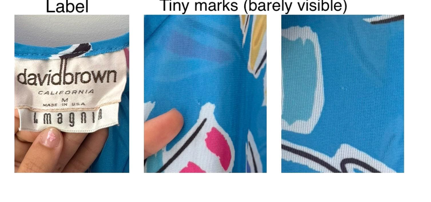 70s vintage blue abstract print sheer kaftan maxi dress – medium large | made in USA flowy sundress