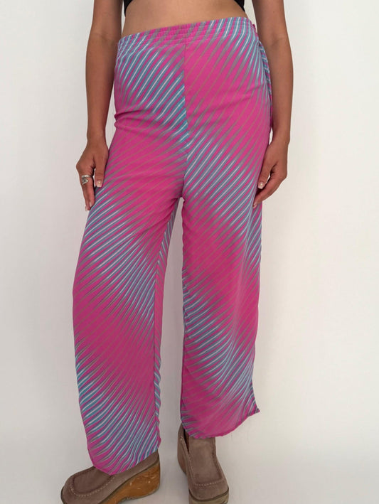 vintage pink psychedelic abstract print wide leg pants – medium | surrealist novelty high rise trousers