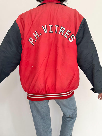 90s vintage red blue spellout puffy bomber jacket