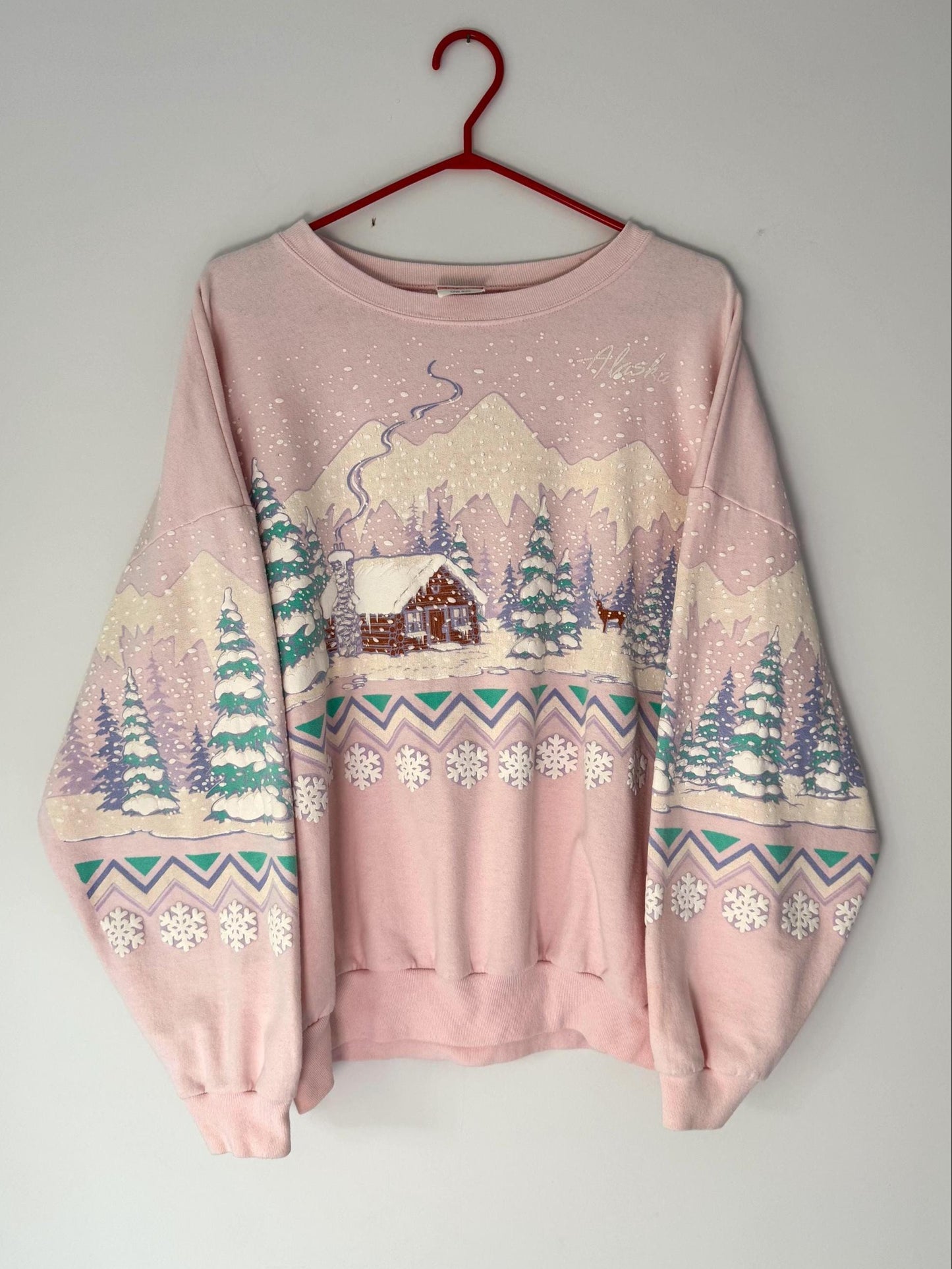 80s vintage pink winter snow holiday graphic pullover sweatshirt – medium, large