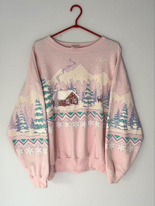 80s vintage pink winter snow holiday graphic pullover sweatshirt – medium, large