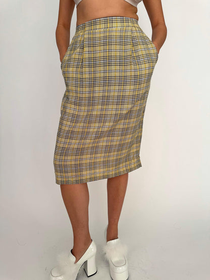 90s vintage yellow tartan plaid blazer skirt matching suit set