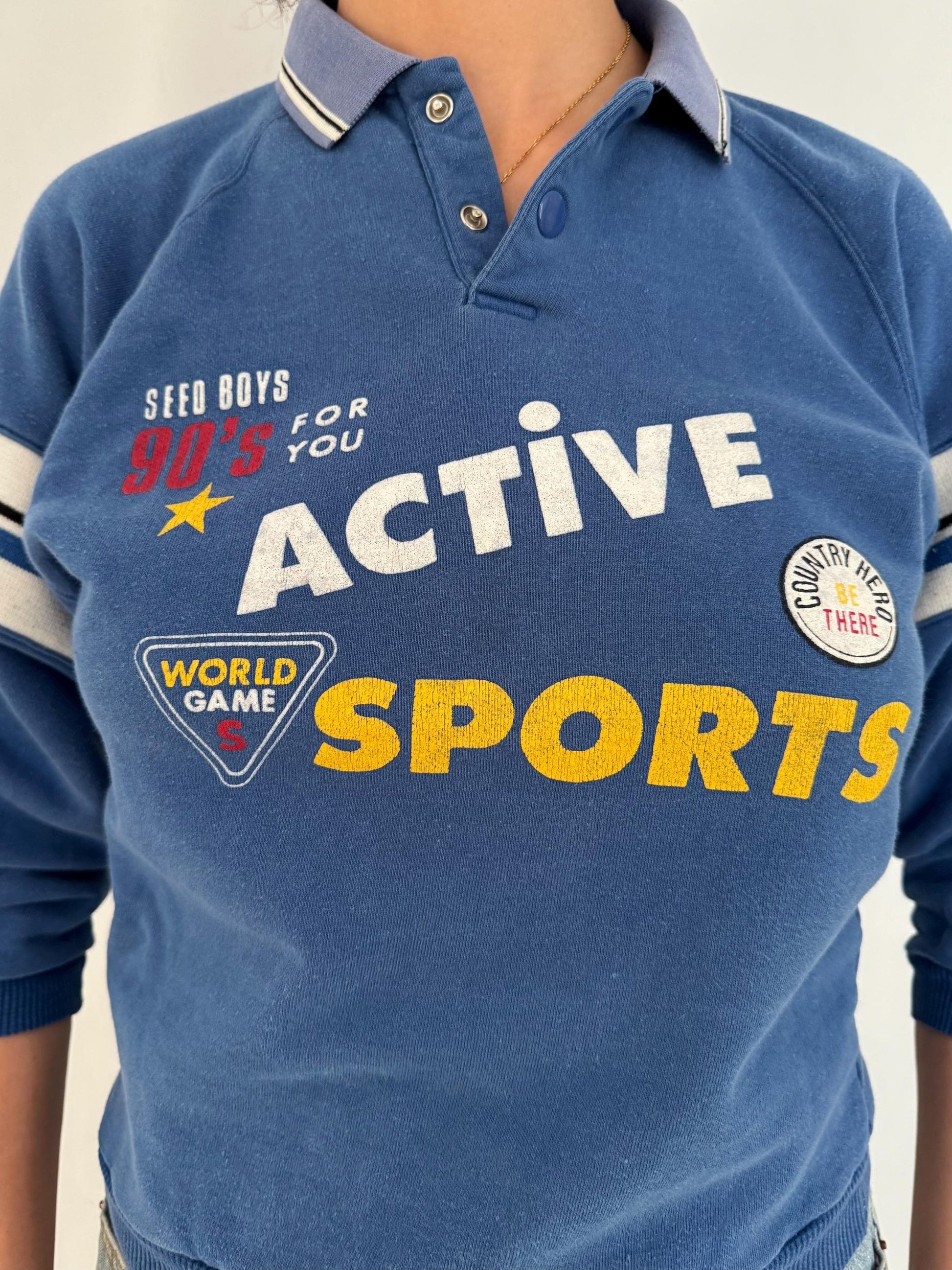 90s vintage blue striped active sports cropped polo shirt
