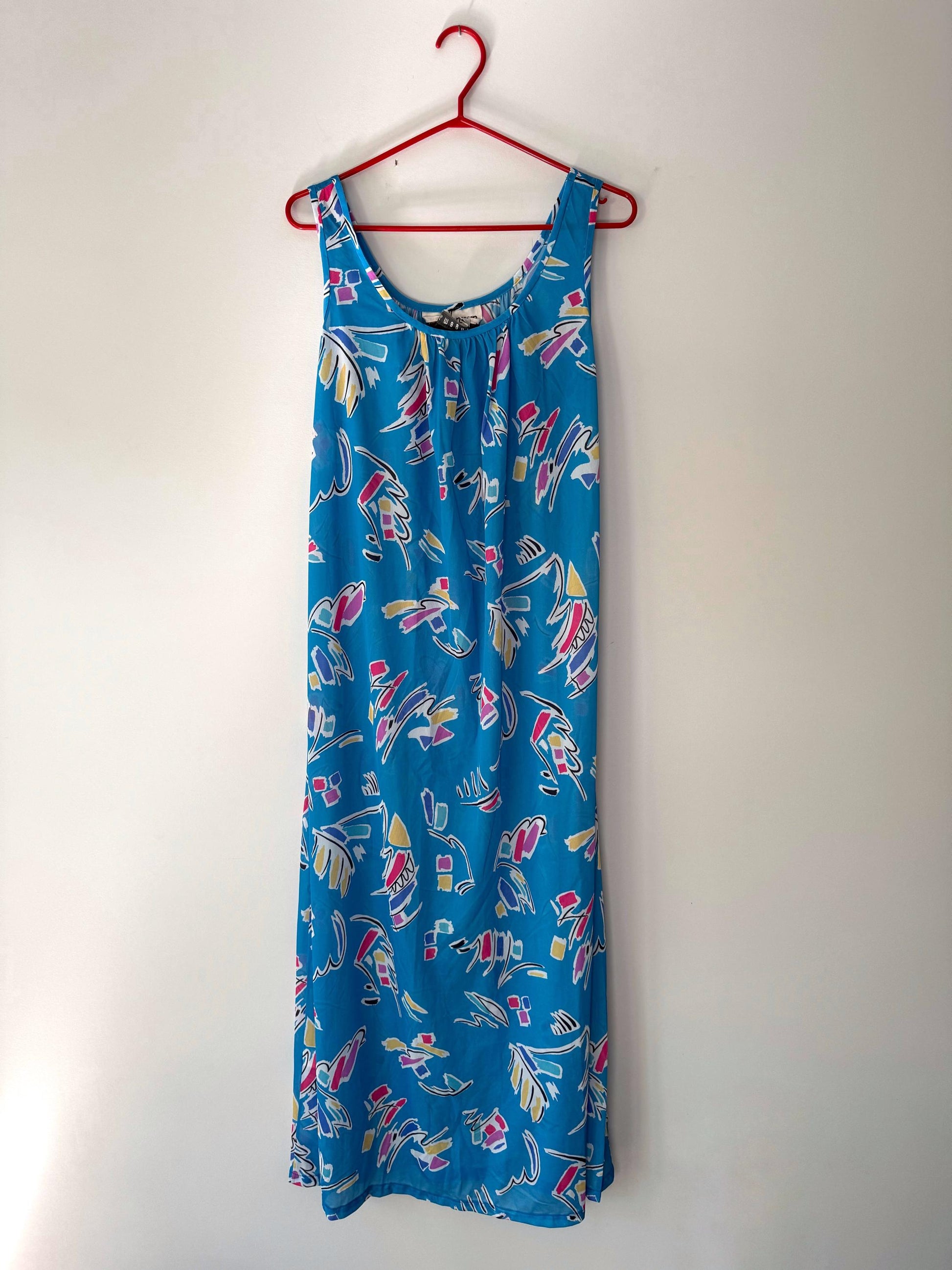 70s vintage blue abstract print sheer kaftan maxi dress – medium large | made in USA flowy sundress