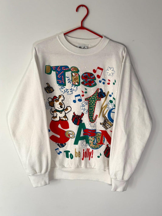 90s vintage festive tis the season holiday graphic pullover sweater – medium