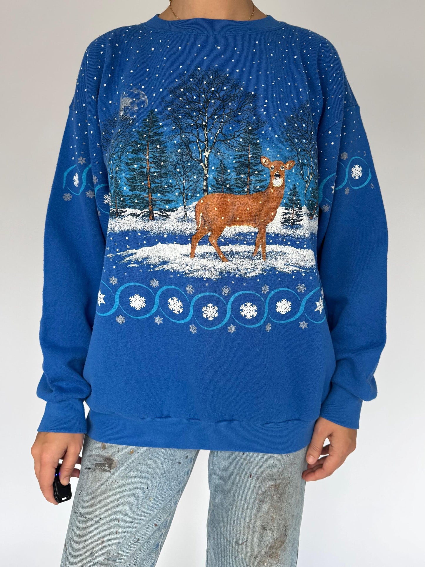 90s vintage blue animal deer nature graphic made in USA pullover sweater – large